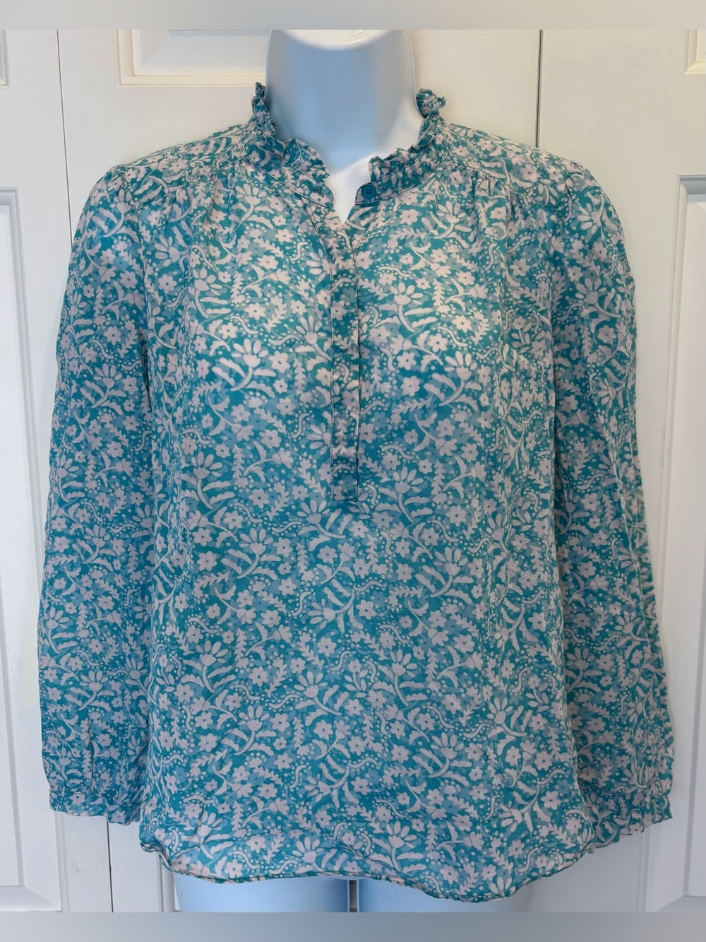 Rebecca Taylor Teal and White Floral Ruffled-Neck Blouse Size 2
